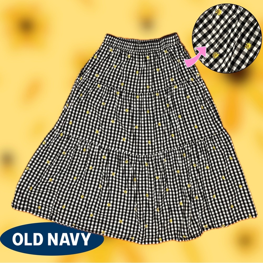 🌼OLD NAVY🌼 Tiered Black White Gingham Check Daisy Flower Tiered Midi Skirt